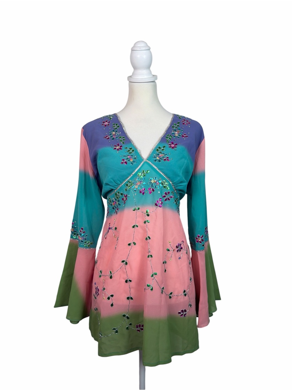 Denim 24/7 Embellished Ombré Tunic Dress Size 14W Bell Sleeve Boho Y2K